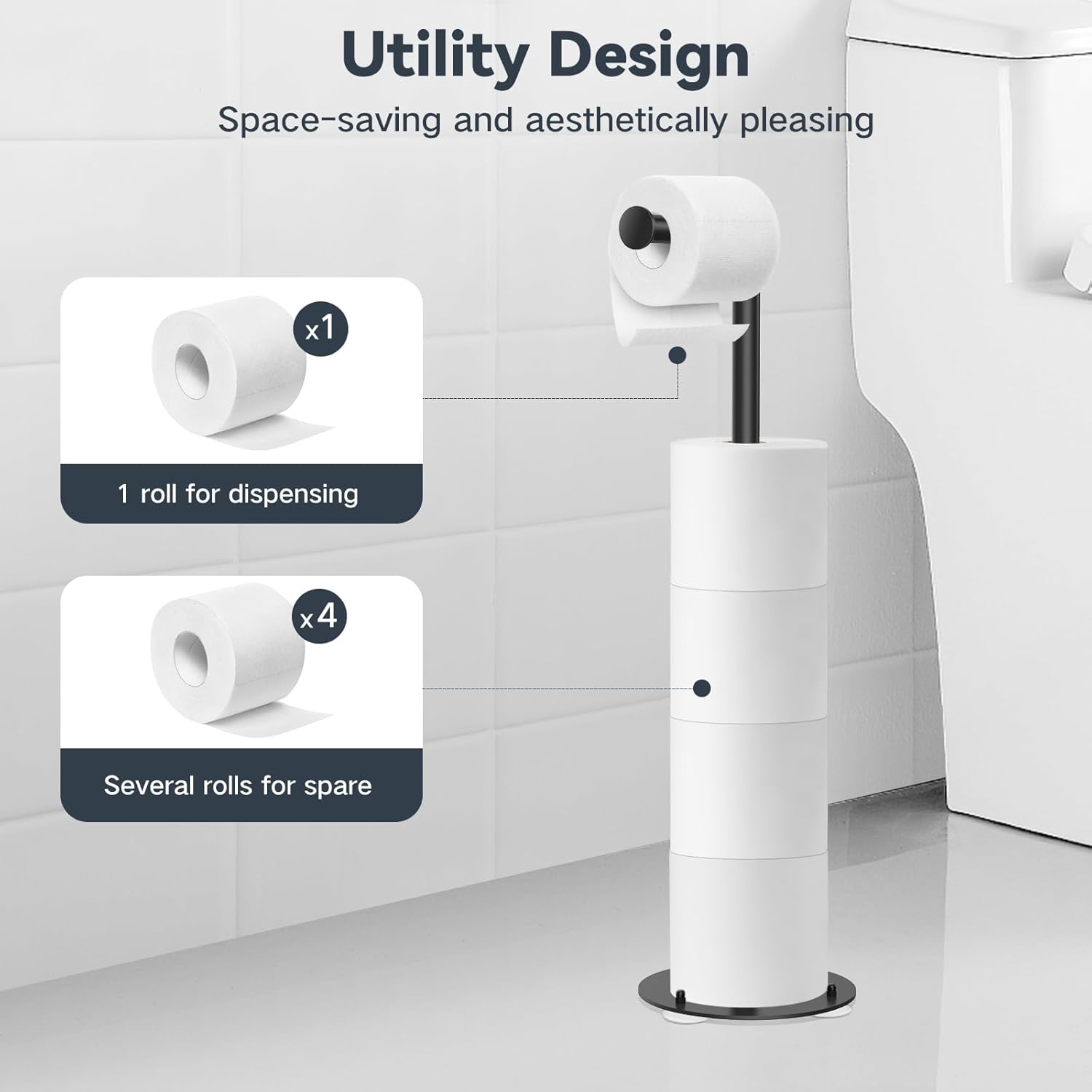 SetSail Toilet Paper Holder - Free Standing Stainless Steel Design with Suction Cups | Black