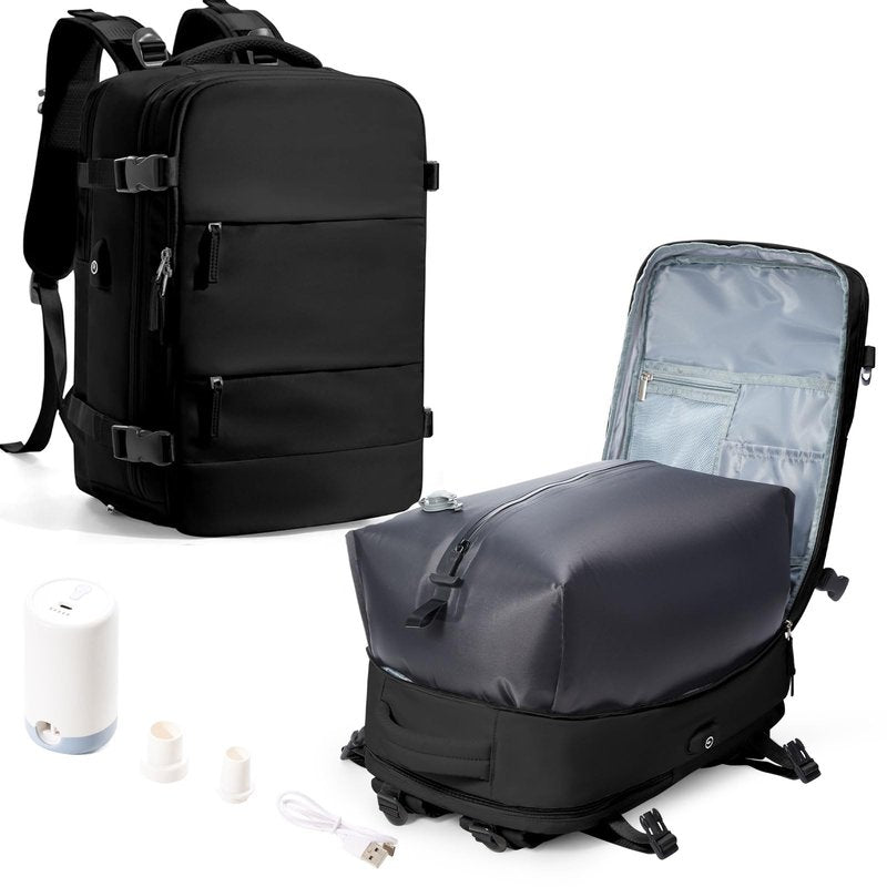 SEAFEW Vacuum Travel Backpack with Electric Pump, Waterproof Personal Item Bag, Women & Men's Anti-Theft Laptop Daypack for Work Trip Gym with Wet Bag & Shoe Compartment, Black