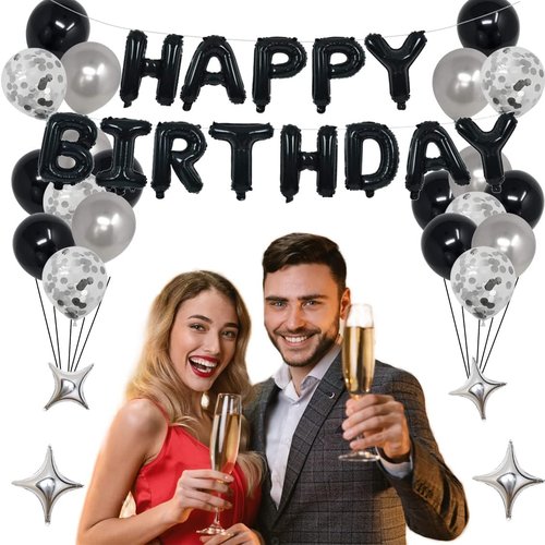 30th Birthday Party Decorations | Black & Silver Theme with Balloons & Banner for Men & Women