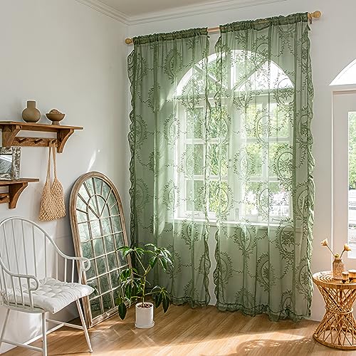 Olive Green Lace Curtains 57W x 72L two panels, farmhouse embroidery, 3