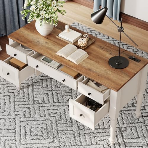 Farmhouse Executive Desk and Tall Bookcase Set with Charging Station