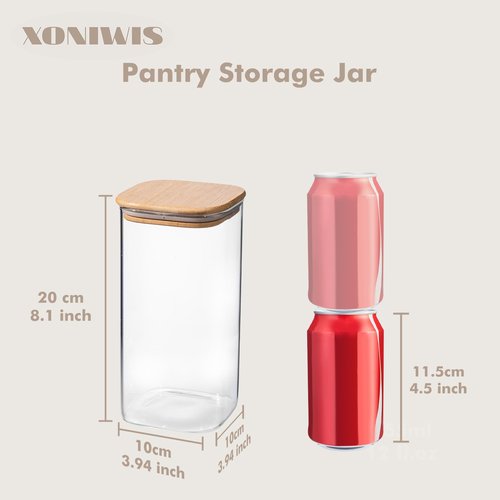Xoniwis 51oz 3PCS Glass Storage Container with Wood Lid for Kitchen Organization, Food Storage Pantry Jar with Airtight Lids for Cereal, Oat, Pasta, Flour, Rice, Sugar, Tea, Coffee, Cookie, Candy