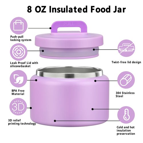 JXXM 8 Oz Thermo Food Jar for Hot & Cold Food for Kids, Insulated Lunch Containers Hot Food Jar,Leak-Proof Vacuum Stainless Steel Wide Mouth Lunch Soup Thermo for School (Purple)