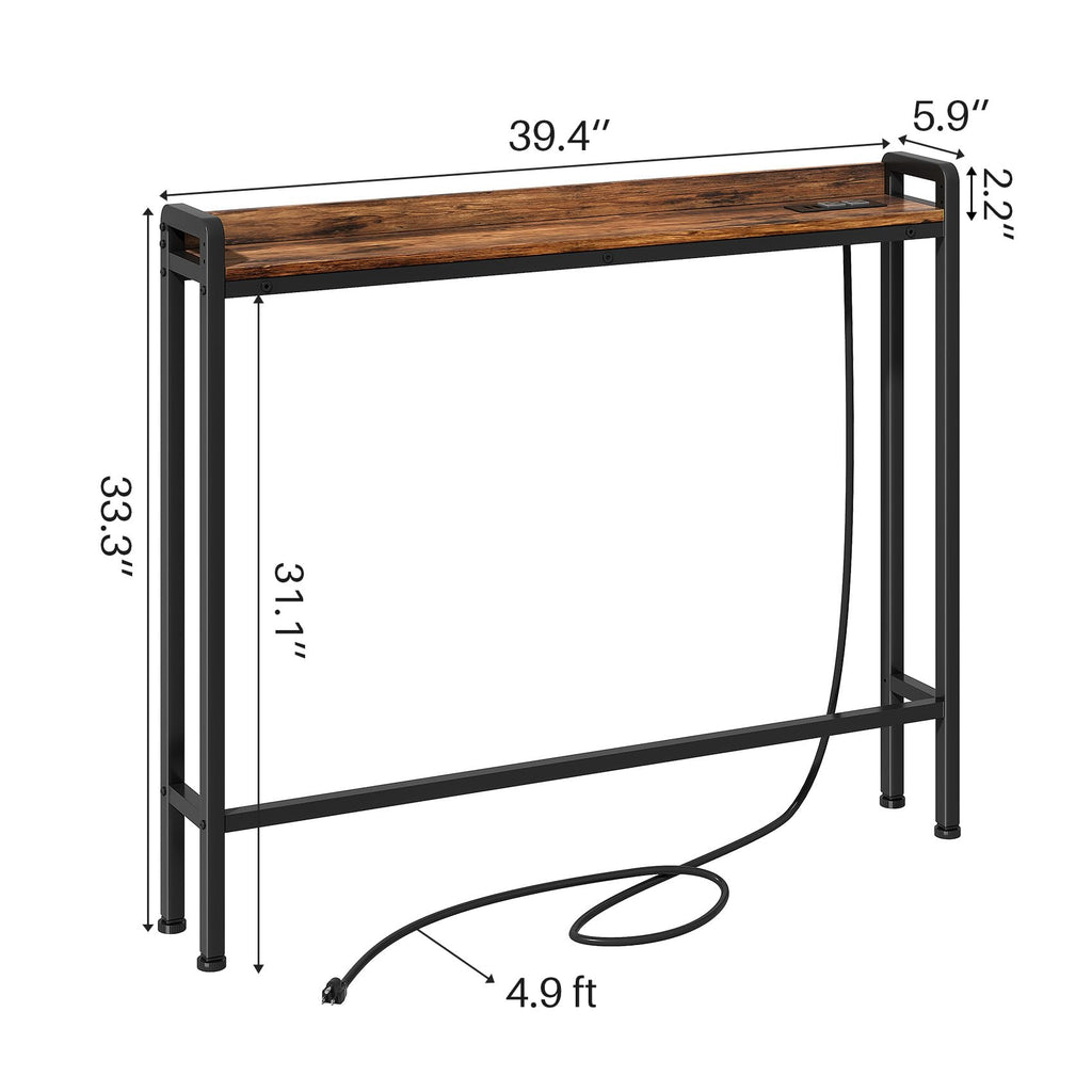 Kitstorack Narrow Entryway Console Table with Elevated Rear Fence & Power Outlets, Skinny Behind Couch Table, 39.4" Long x 5.9" Wide x 33.3" High, Thin Small Sofa Side Table for Living Room, Brown