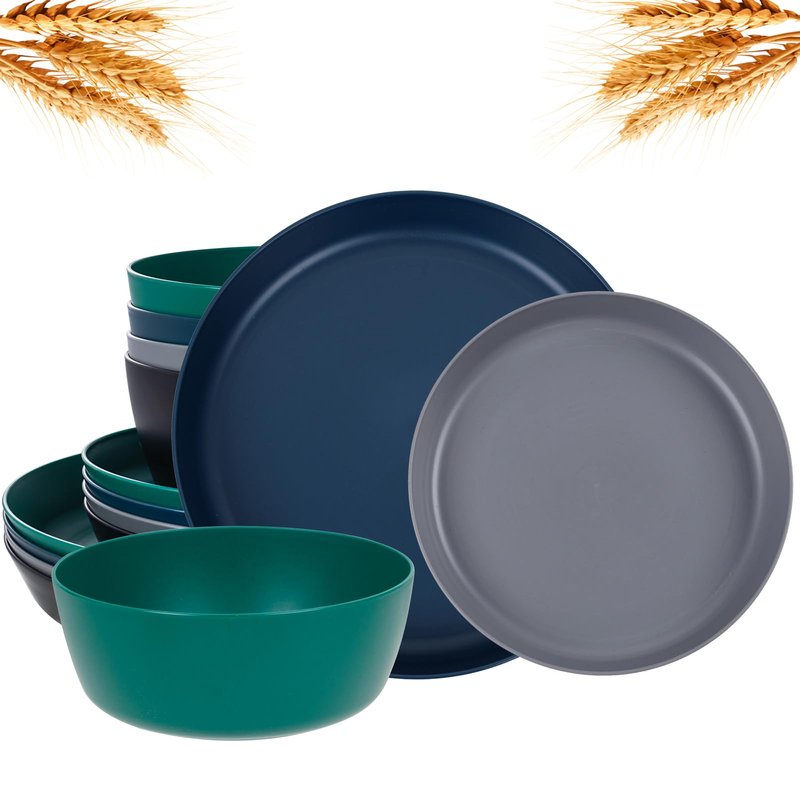EI 12pcs Wheat Straw Plates,Plastic Plates Reusable,Unbreakable Plastic Plate,Wheat Straw Dinnerware Set,Melamine Plate-Black,Dark Grey,Dark Green,Dark Blue,Dinner, Camping,Picnic