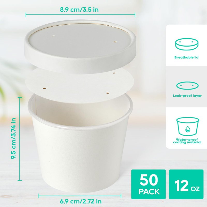 JOLLY PARTY 50pack 12oz Paper Soup Containers with Lids, Disposable Paper Food Cups, Ice Cream Cups, Food Storage with Lids, Microwavable and Freezer Safe, Suitable for Christmas Thanksgiving(White)