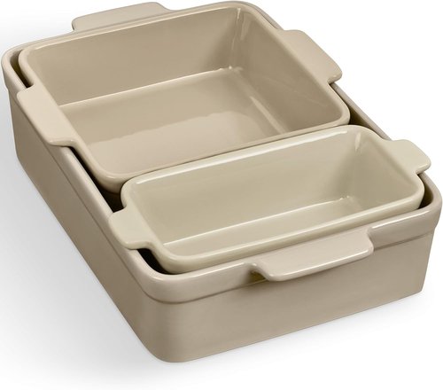 Best Choice Products 3-Piece Ceramic Bakeware Set - Stoneware Casserole & Baking Dishes | Mushroom Beige, 9x12 & 8x8 Sizes