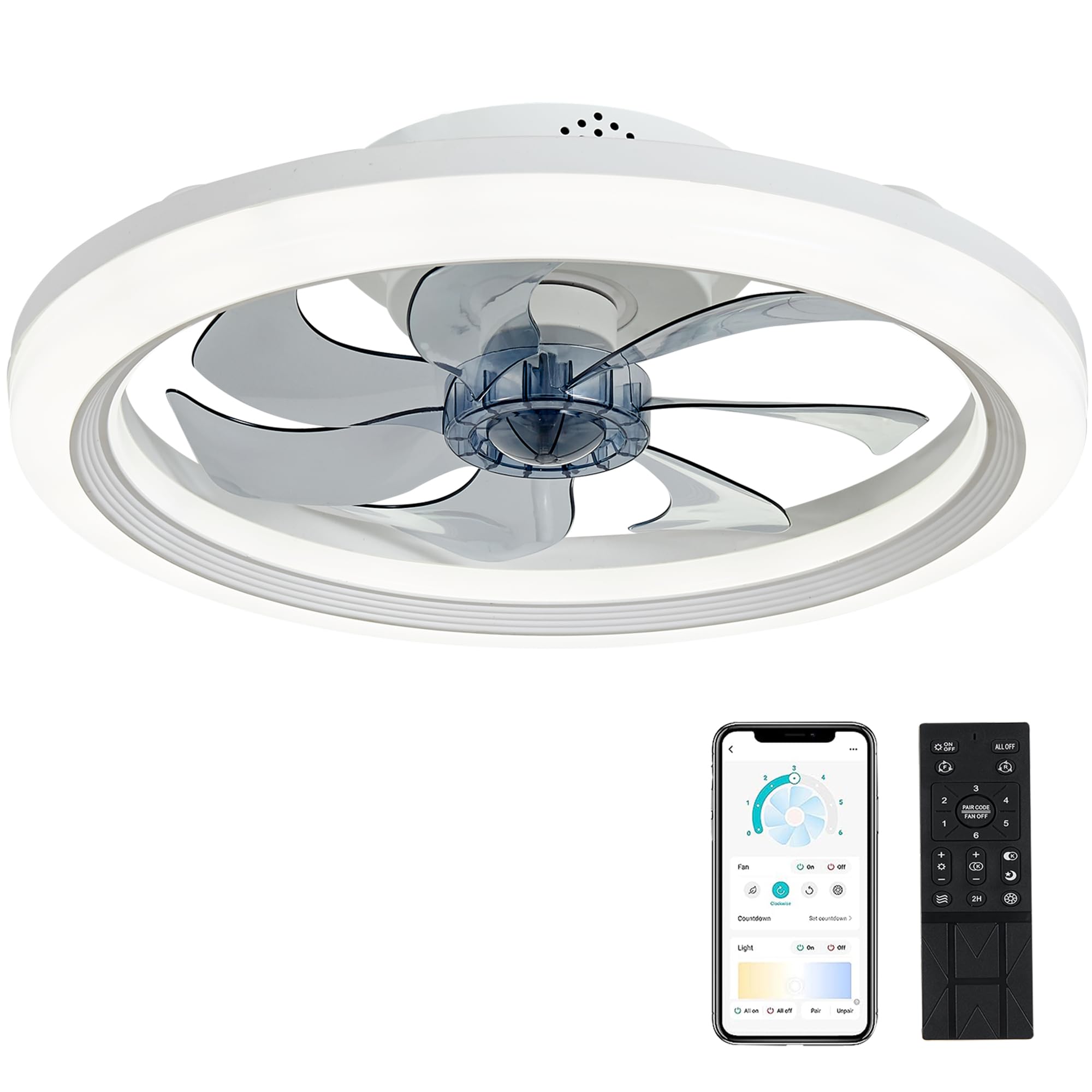 OUREDEEY 20" Modern Ceiling Fan with Light, 6 Speeds & Dimmable, White Flush Mount for Home