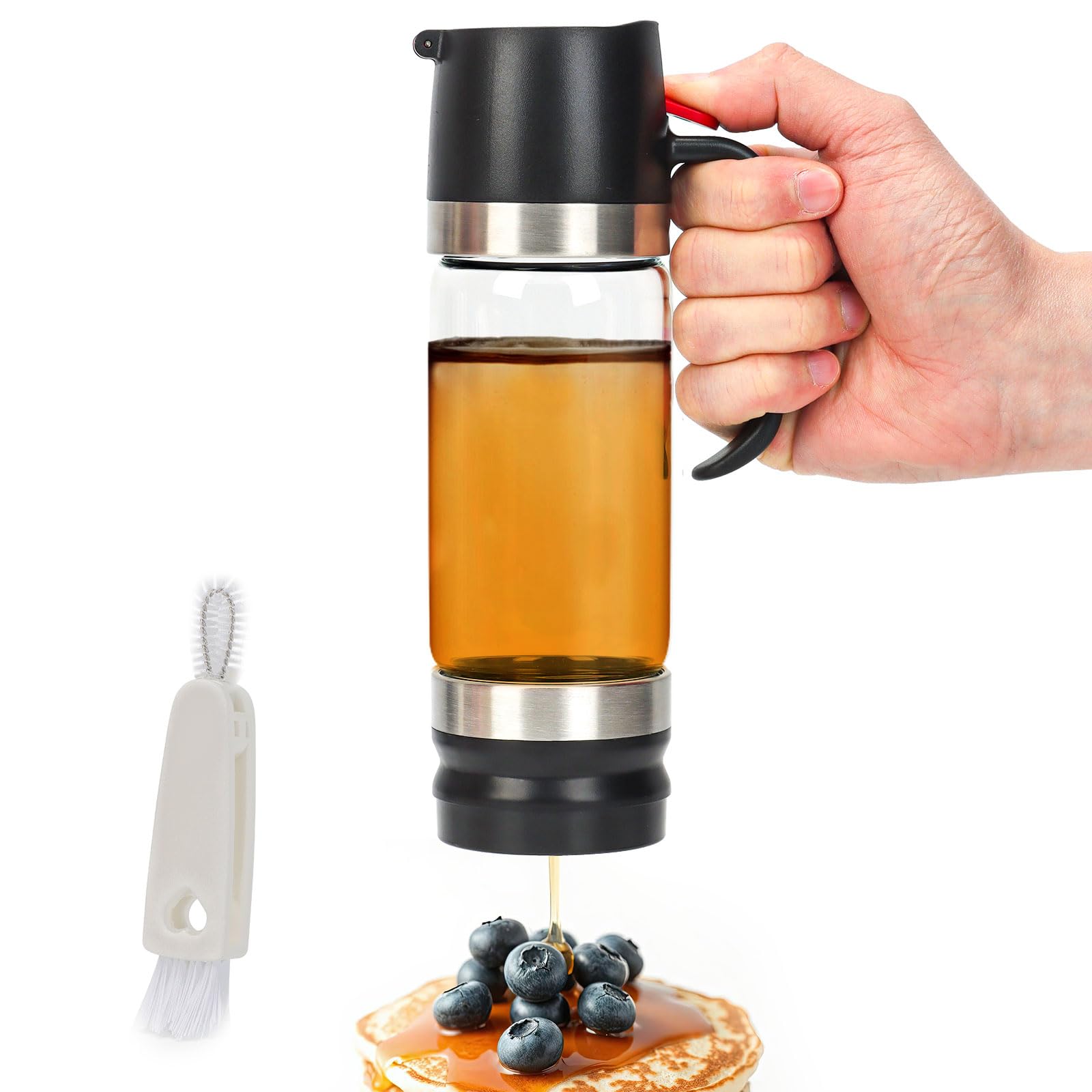 YIK TUNG 12 Oz Glass Honey Dispenser Pot with Silicone Base No Drip Honey Container Jar, Maple Syrup Dispenser with Handle for Pancake, Coffee or Tea Black