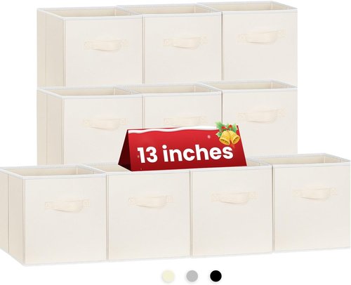 Criusia Large Storage Cubes - 13 Inch Collapsible Storage Bins with Handles for Organizing Clothes, Blankets, Toys | 10 Pack in Beige