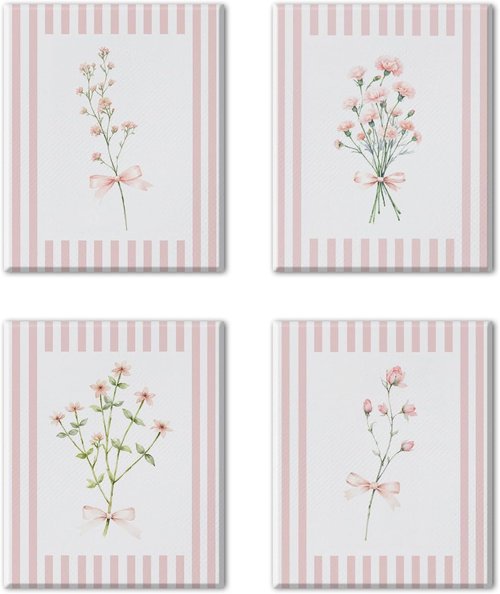 JINYO Coquette Pink Floral Canvas Wall Art - Framed Set of 4 for Girls' Room | 8x10 Inch Decor
