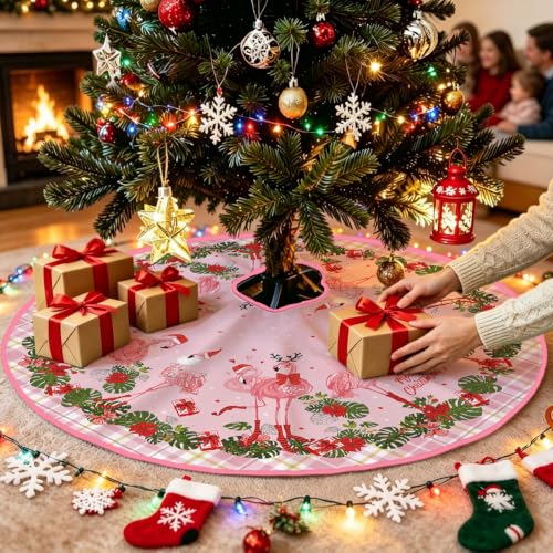 Pink Flamingo Christmas Tree Skirt 48 Inch Holiday Decor for 6-8 ft Trees