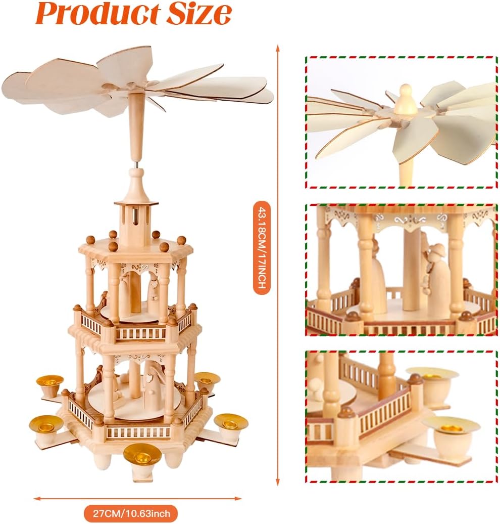 Rotating Christmas Pyramids | 17-Inch Wooden Nativity Scene with 6 Candle Holders - 3-Tier Carousel