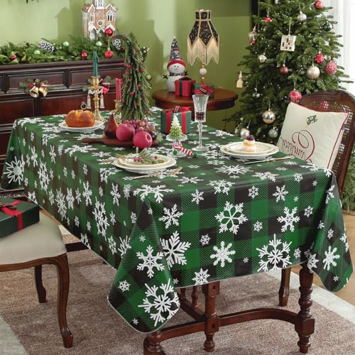 SASTYBALE Checkered Christmas Tablecloth 60x120 in Green & Black with Flannel Backing, Waterproof Snowflake Design