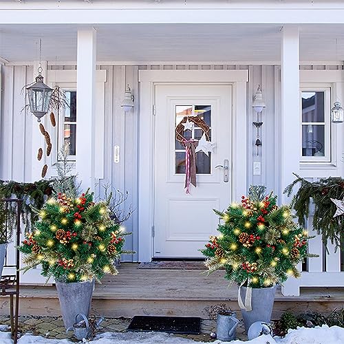 Glintoper Color A Lighted Artificial Christmas Urn Filler with Pre-lit Pine Trees & Berries