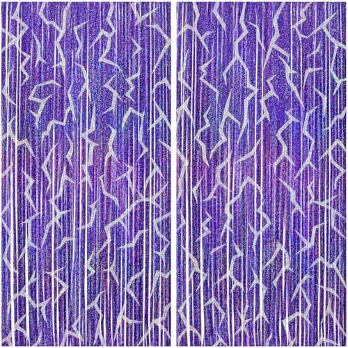 2 Pack Purple Holographic Foil Fringe Curtains - 3.3 x 6.6 ft Party Backdrop
