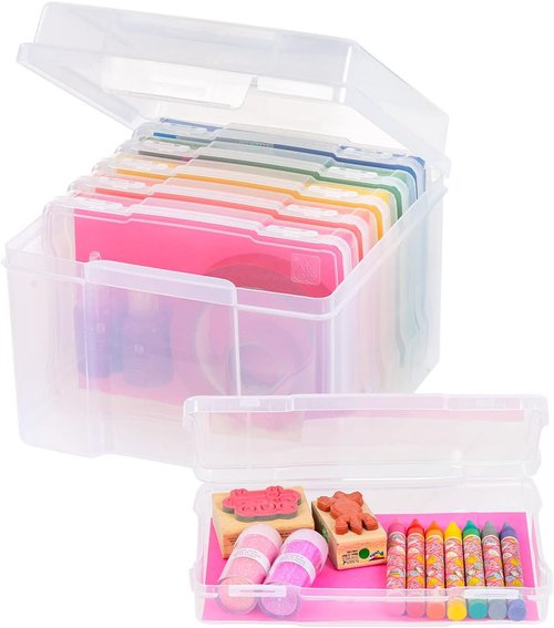 IRIS USA Photo Organizers - 5" x 7" Storage Box with Handle & 6 Inner Cases for Stickers, Ephemera, & Flashcards - Clear
