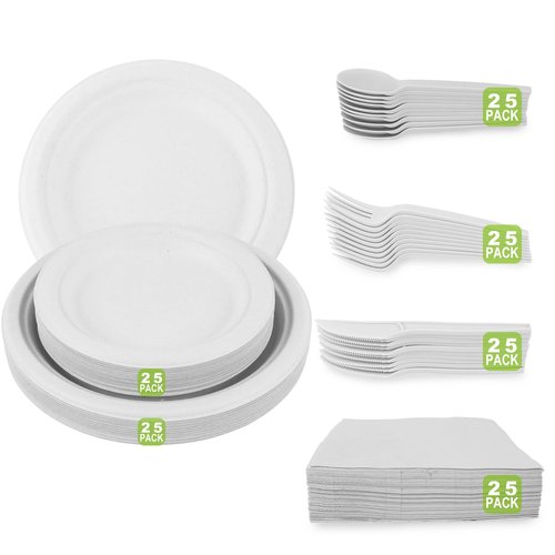 Diihossbox 150 Piece (25 Sets) Biodegradable Paper Plates Set Disposable Heavy-Duty Eco Friendly Dinnerware Set,Include Plates,Forks,Knives,Spoons,Napkins for Birthday Camping Party Picnic BBQ