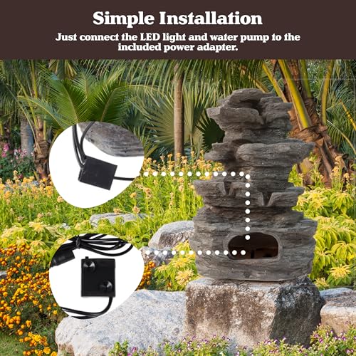 4-Tier Tabletop Rock Waterfall Fountain with LED Lights, Gray Polyresin