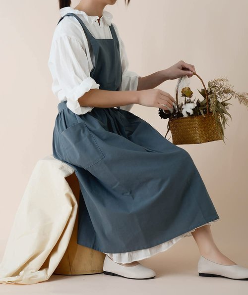 VLZUFE Women Cotton Linen Cross Back Apron for Gardening Works Pinafore Dress with Pockets Navy