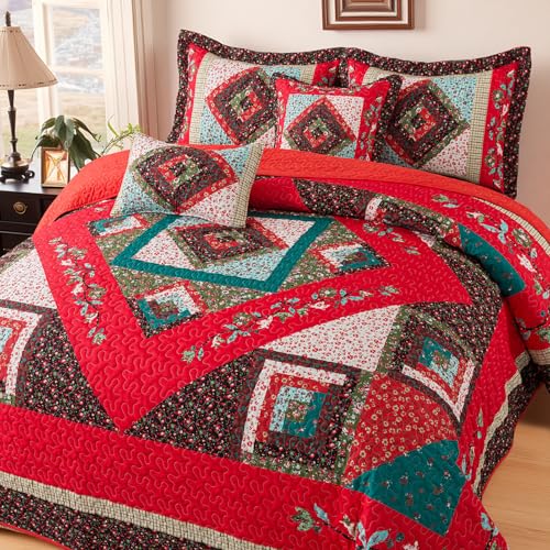 Christmas California King Size Quilt Set - Cotton Bedspreads, Festive Floral Print