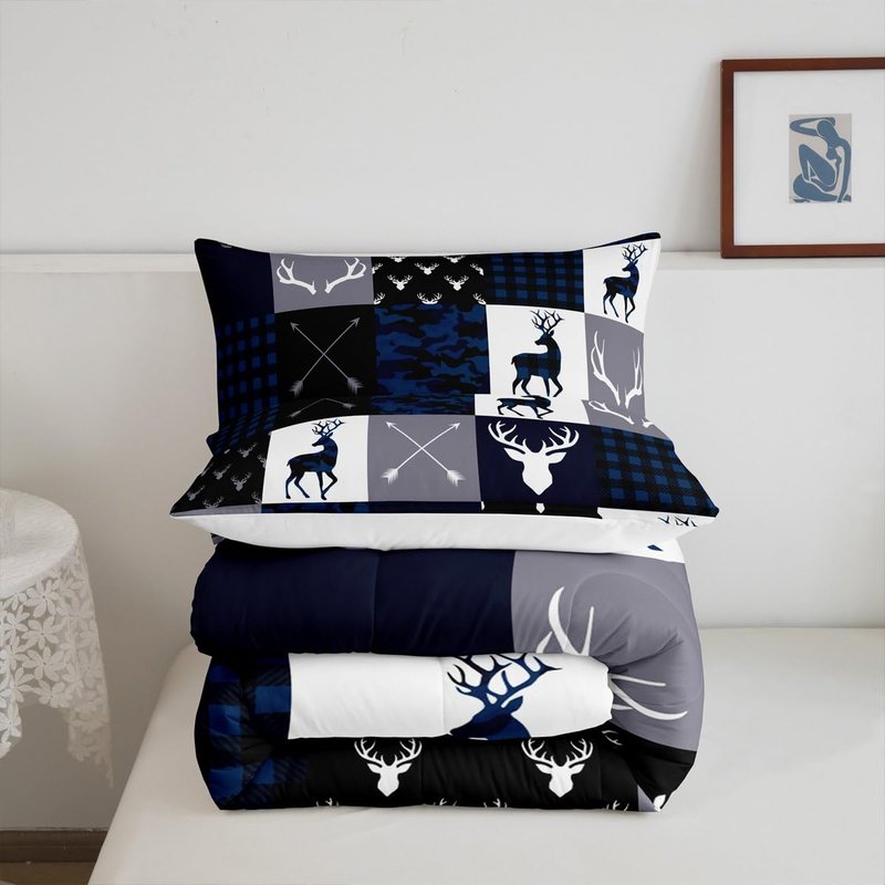 Manfei Camo Deer Antlers Comforter Set Full Size,Geometric Plaid Patchwork Bedding 3pcs for Kids Teens Girls Boys Room Xmas Cabin Quilt Set,Blue Grey Rustic Farmhouse Duvet Insert,2 Pillowcases