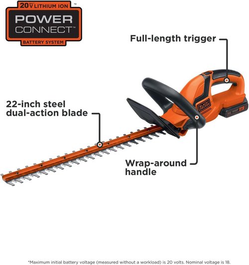 BLACK+DECKER 20V MAX Cordless Hedge Trimmer - 22 Inch Steel Blade, Lightweight Design, Battery & Charger Included