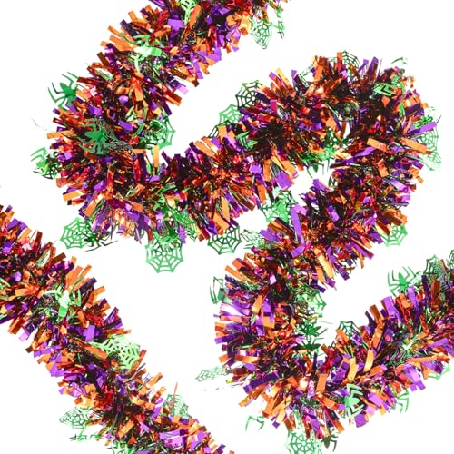 33ft Halloween Metallic Tinsel Garland with Green Spider Web Ornaments