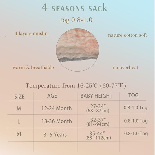 Sleeping Sack for Toddlers (2-3T) - Lightweight Muslin Cotton, 0.8-1.0 Tog, Wearable Blanket, Extra Long, 4-Layer, Warm for All Seasons, 24-36 Months Large Sleeping Bag
