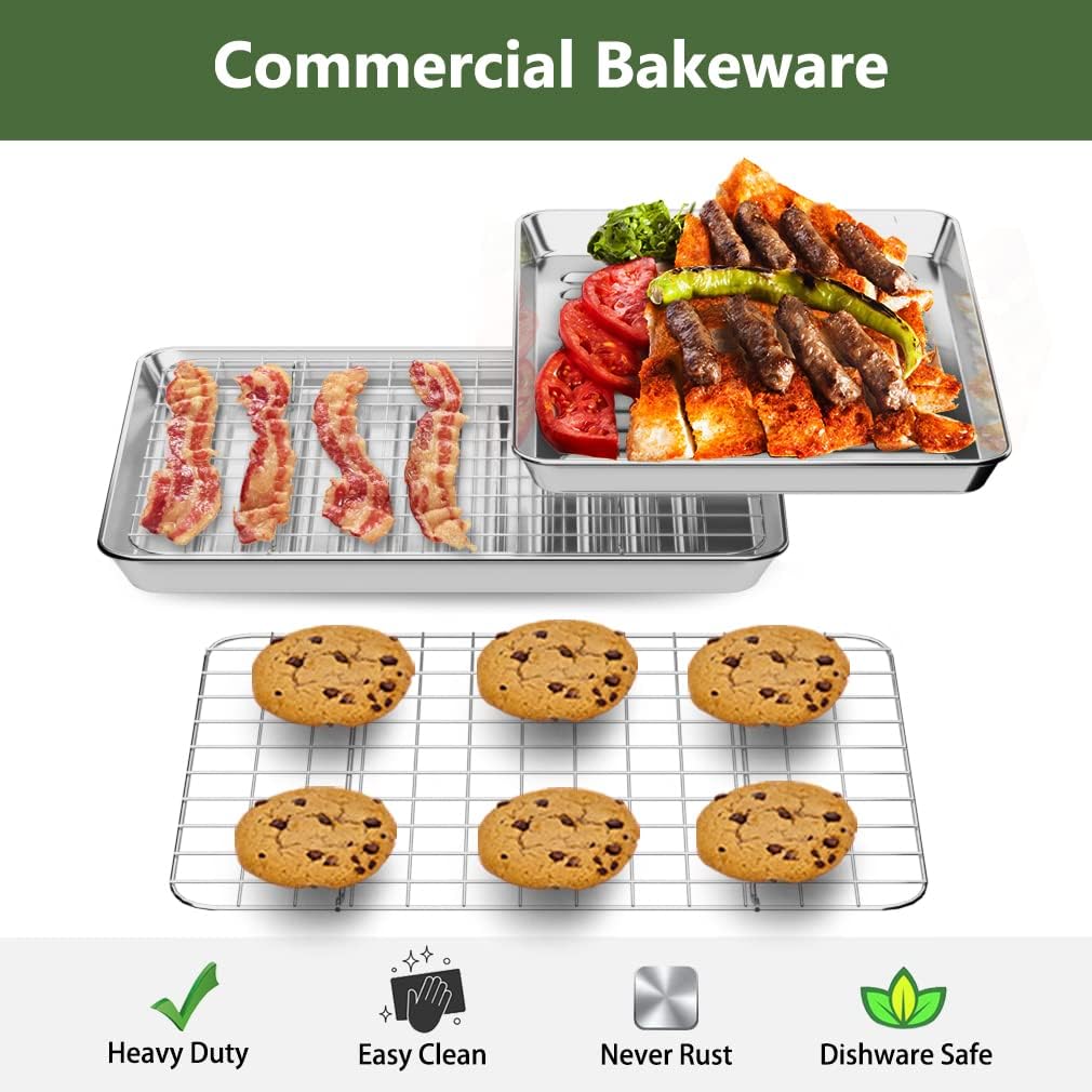 ROTTAY Small Baking Sheet Pan Set - 2 Heavy-Duty Stainless Steel Cookie Sheets with Wire Racks | 9 x 7 x 1 Inches