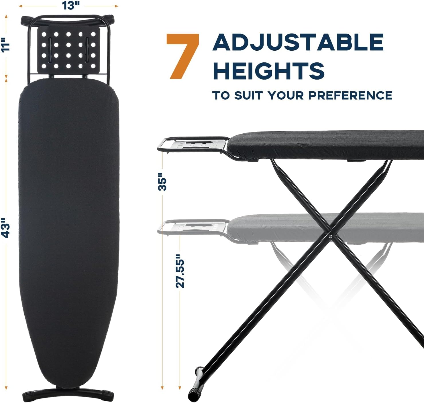 RAINHOL Full Size Ironing Board - Heavy Duty Compact Design with Heat Resistant Cover & Adjustable Height | 54"x13" Black