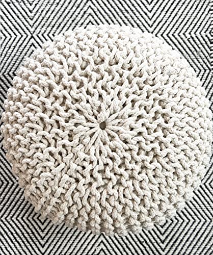Hand-Knitted Round Cotton Pouf Ottoman - 20-Inch Floor Footstool