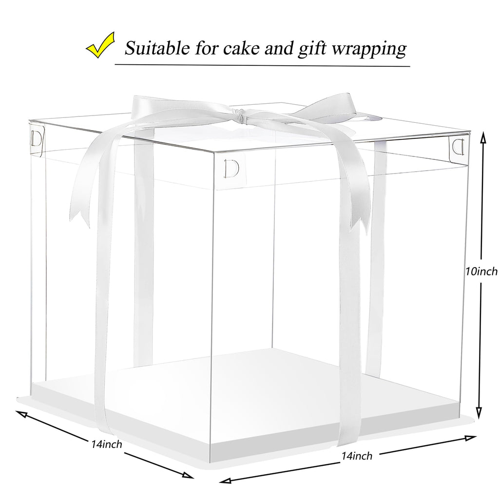 XININSUN 14x14x12inch clear cake box with ribbon,12inch14inch tall cake boxes for tiered cakes,layer cake carrier,disposable cake containers for wedding birthday party and gift display-White