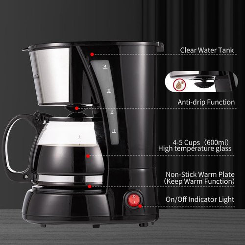 Nehilumn 4 Cups Drip Coffee Maker, Coffee Pot Machine Permanent Coffee Filter, Mini,20Oz Electric Coffee Maker,650W Black and Stainless Steel