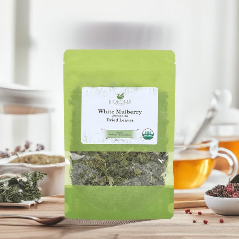 Biokoma Organic White Mulberry Leaf Tea Loose Dried Leaves 1.76oz - Morus Alba Herbal Tea - USDA Organic - Resealable Moisture Proof Pouch - No Additives - No Preservatives - Non GMO - Kosher