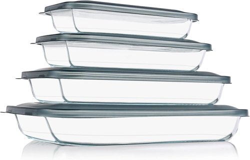 KOMUEE Glass Baking Dish Set - 8 Rectangular Bakeware Pans with Lids for Lasagna & Leftovers - Gray