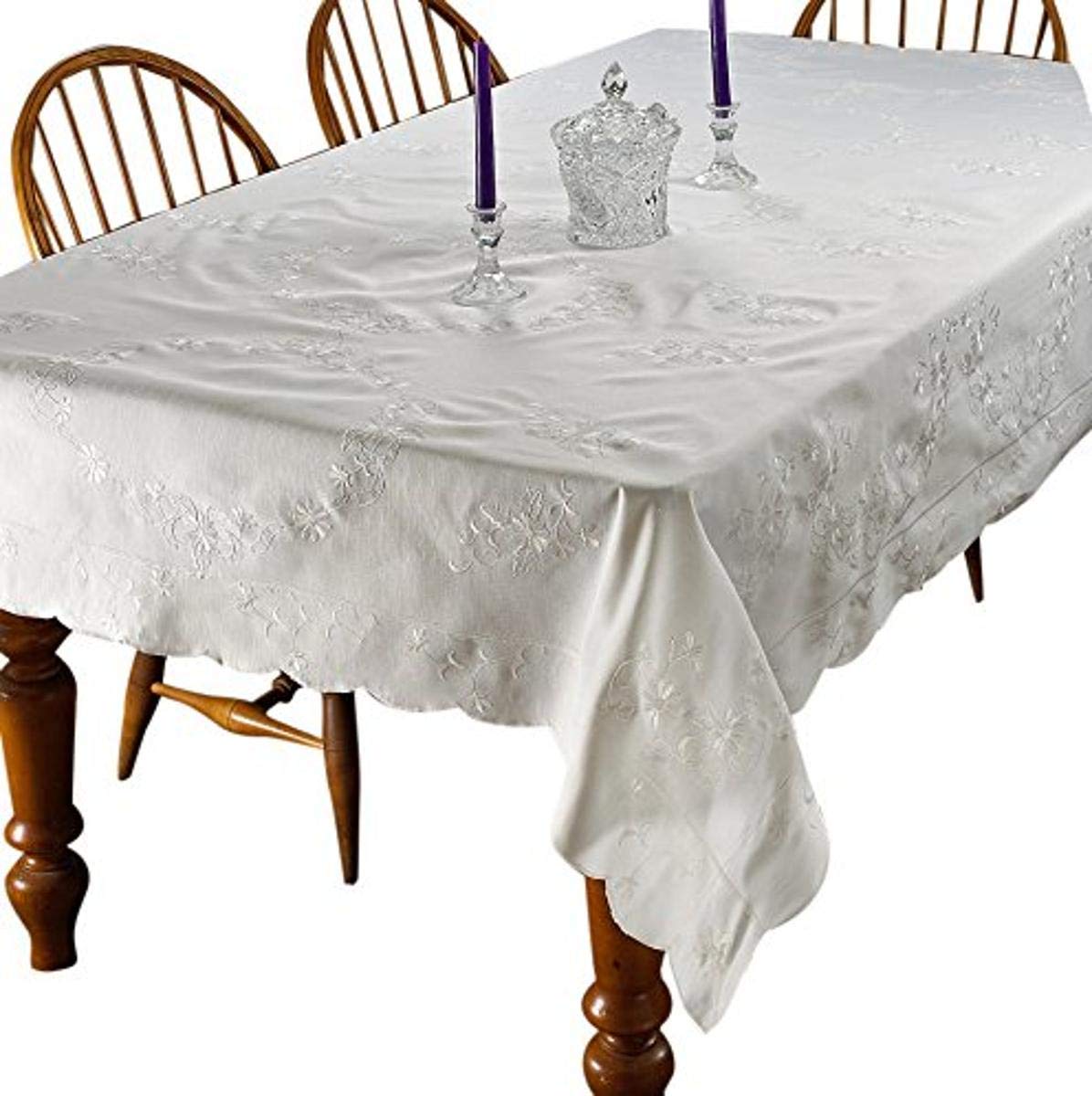Violet Linen Renaissance Design Tablecloth White/Cream Embroidered 70" x 105"