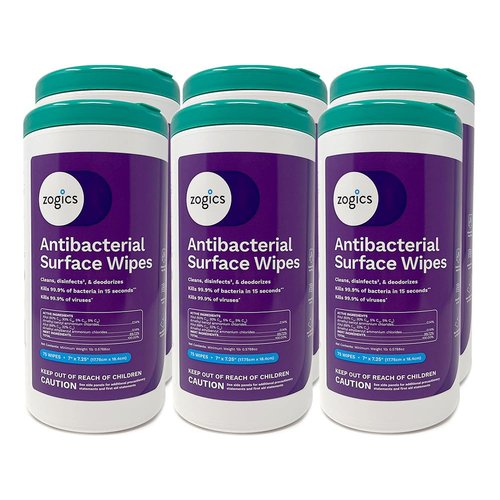 Zogics Antibacterial Disinfecting Wipes, 75-Count Canister (Case of 6 Canisters), Alcohol-Free Multi-Surface Wipes