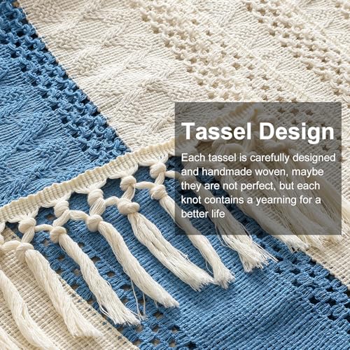 OTOSTAR Blue 12x108 Inch Boho Macrame Table Runner with Tassels – Rustic Farmhouse Home Decor