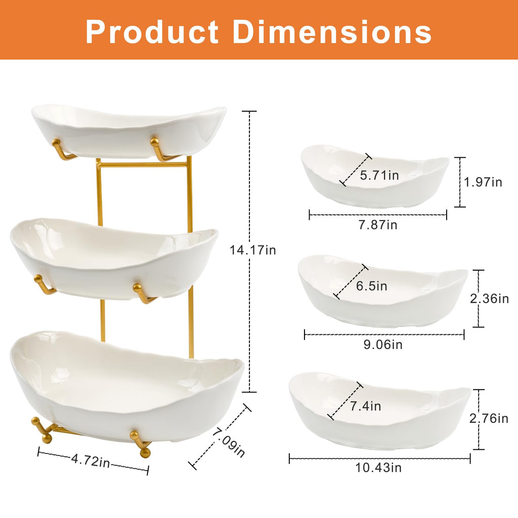 Lifevc Fruit Bowl for Kitchen Counter,3 Tier Fruit Holder with Gold Metal Stand, Tiered Fruit Basket for Fruit Vegetable Storage, Snack, Nuts, Cake, Dessert (White)