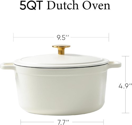 CAROTE 5QT Enameled Cast Iron Dutch Oven - Non-Toxic, Heavy-Duty Pot for Baking & Braising | Cream White