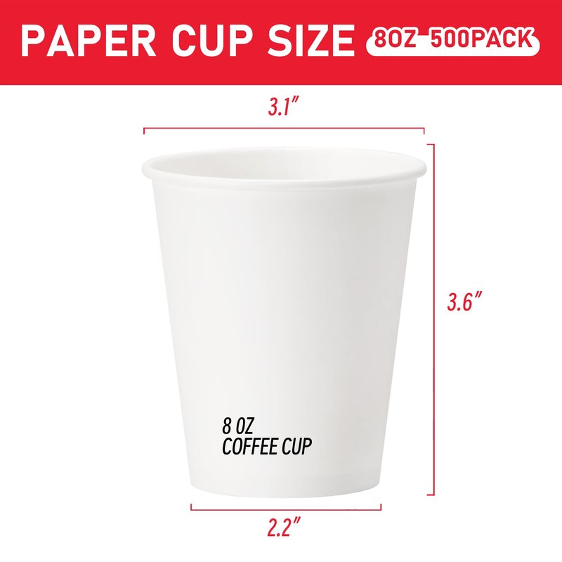 VPACKDUO 500 Pack 8 oz Paper Cups, Disposable Coffee Cups, White Hot/Cold Beverage Drinking Cups for Water, Coffee, or Juice, Perfect for Office, Party, Home