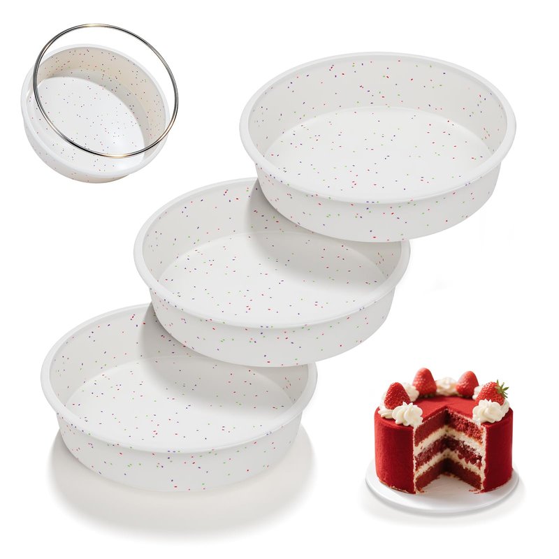 SJ 8 Inch Silicone Round Cake Pan with Metal Reinforced Frame Set of 3, Nonstick Silicone Cake Mold for Baking Suitable for Making Layers, Cheese & Chocolate Cakes