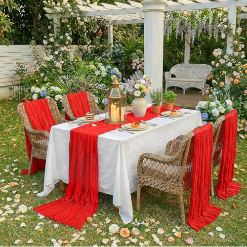 10Pack Red Cheesecloth Table Runner 10ft - Boho Rustic Sheer Decor