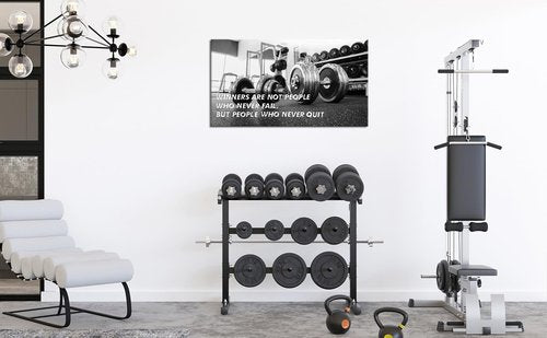 SkenoArt Gym Motivational Wall Art Winners are Those Who Never Quit Wall Decor Black and White Dumbbell Canvas Wall Art Fitness Posters for Home Gym Living Room Framed Stretched Ready To Hang 20"x36"