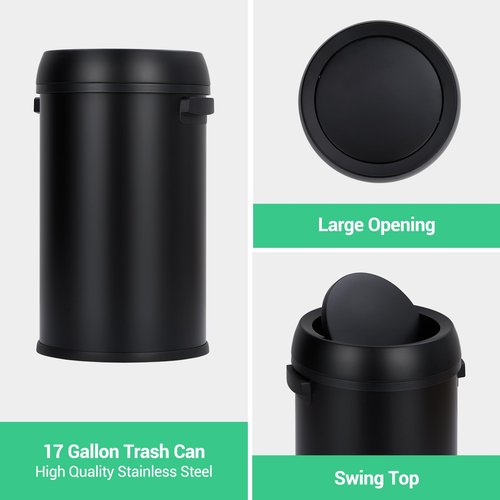 Garvee 17 gal/65 L Trash Can, Fingerprint-Proof Stainless Steel Swing Top Garbage Can, Heavy Duty Commercial Round Trash Bin with Swing Lid for Restaurant, Home, Office, Black
