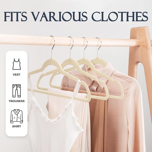 HOUSE DAY Beige Velvet Hangers - 20 Pack Non-Slip Heavy Duty Clothes Hangers | Slim Space-Saving Design with 360° Rotating Hook