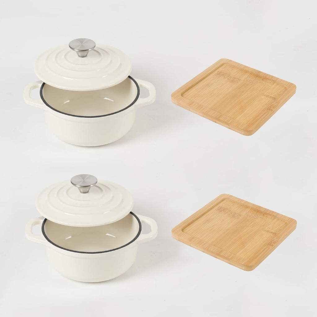 HAWOK Enameled Cast Iron Mini Dutch Oven, Dia5.51”, 23oz, with Bamboo Tray, Set of 2, Oyster White