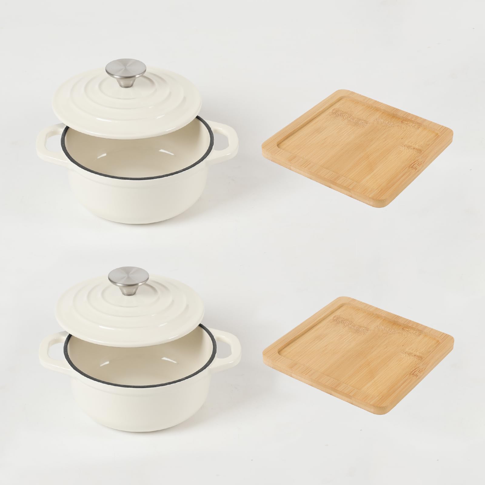 HAWOK Enameled Cast Iron Mini Dutch Oven, Dia5.51”, 23oz, with Bamboo Tray, Set of 2, Oyster White