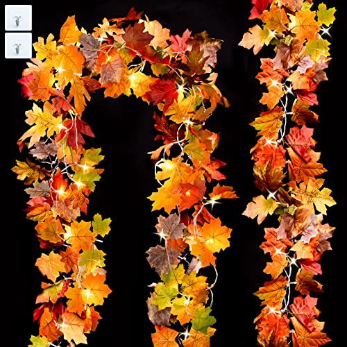 2-Pack Lighted Fall Maple Leaf Garland - 20ft 60 LED Battery String Lights